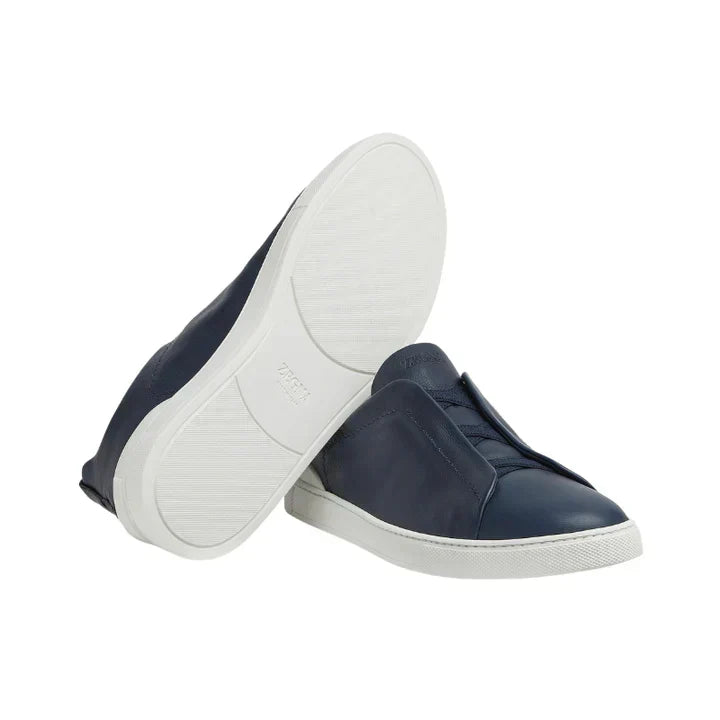 ZEGNA NAVY BLUE DEERSKIN TRIPLE STITCH