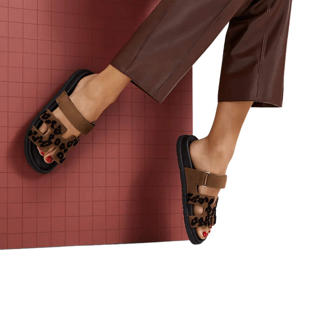 Hermes Suede Goatskin Tufted Leopard Womens Chypre Sandals Brun Fume Black - Kickzz