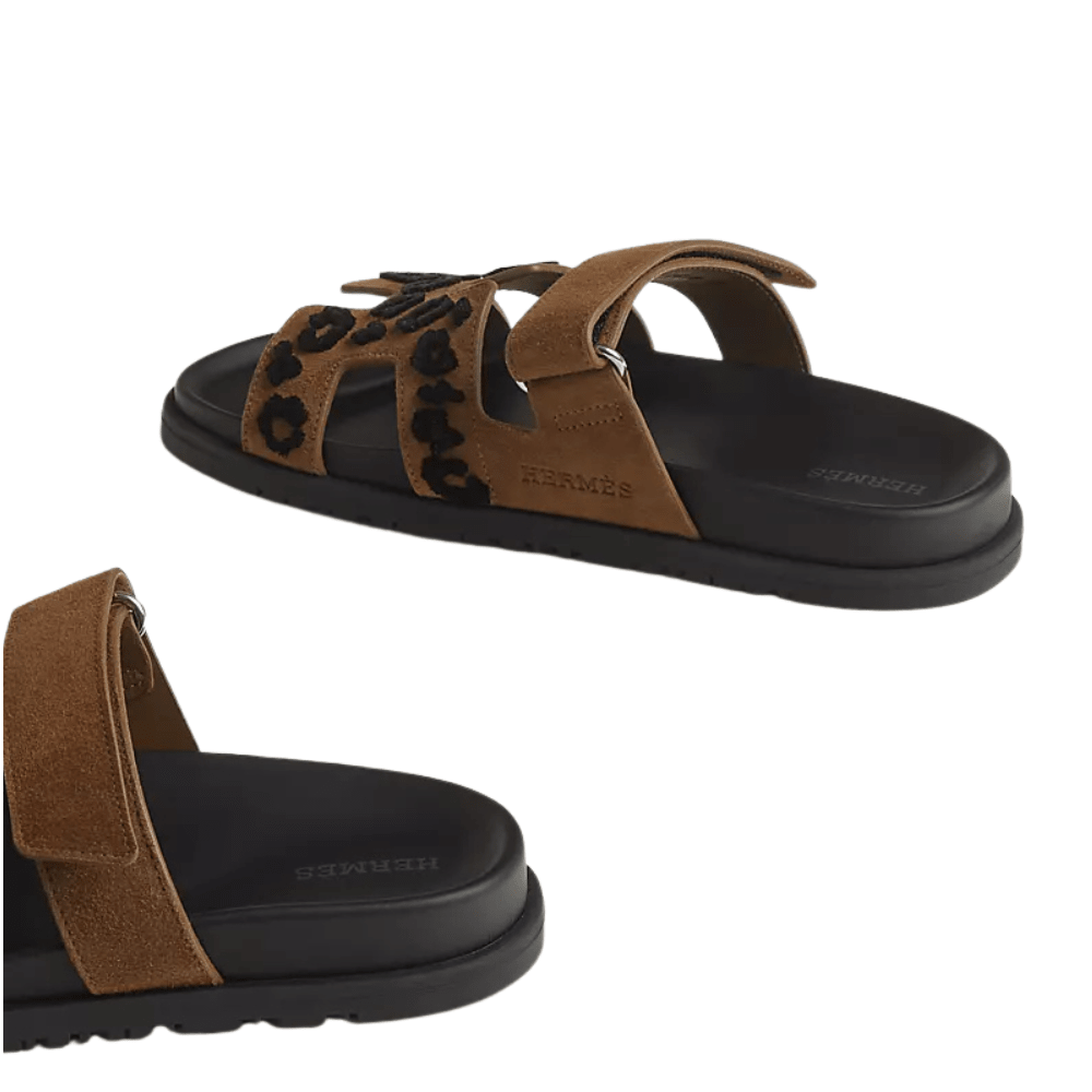 Hermes Suede Goatskin Tufted Leopard Womens Chypre Sandals Brun Fume Black - Kickzz