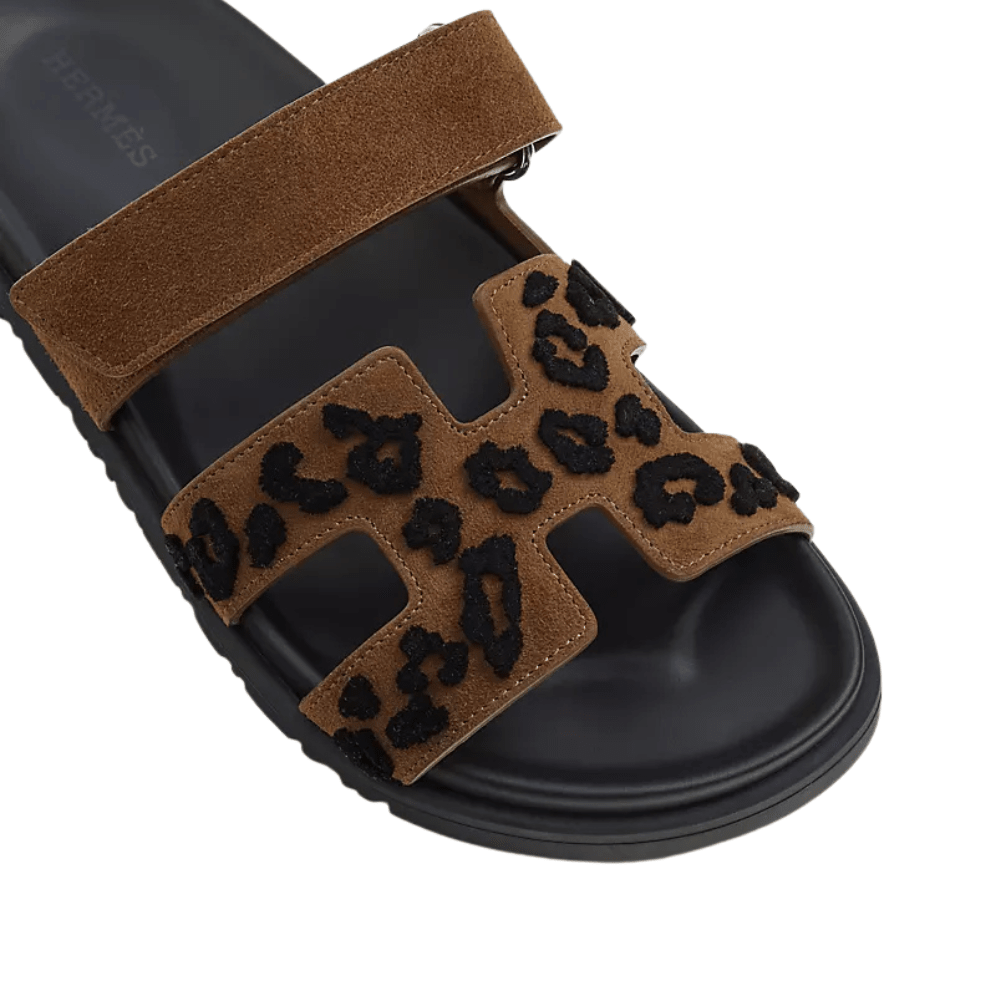 Hermes Suede Goatskin Tufted Leopard Womens Chypre Sandals Brun Fume Black - Kickzz