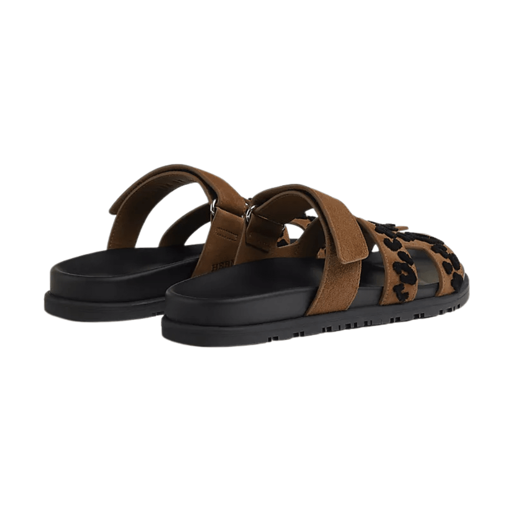 Hermes Suede Goatskin Tufted Leopard Womens Chypre Sandals Brun Fume Black - Kickzz