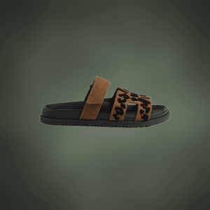 Hermes Suede Goatskin Tufted Leopard Womens Chypre Sandals Brun Fume Black