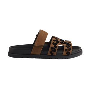 Hermes Suede Goatskin Tufted Leopard Womens Chypre Sandals Brun Fume Black